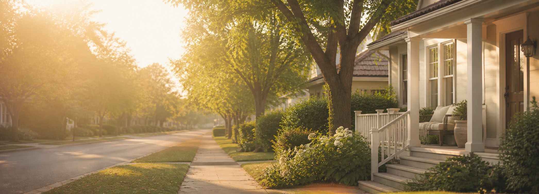Quiet neighborhood sidewalk at golden hour